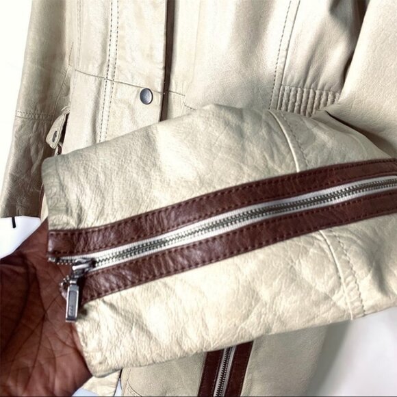 DANIER LEATHER CREAM BROWN HOODED WOMAN JACKET ELASTIC WAISTBAND SIZE ME… - Picture 7 of 15